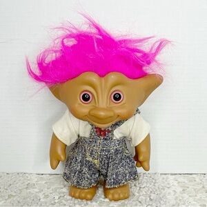 Ace Novelty Treasure Troll Doll Blue Overalls Pink Hair & Eyes Hard Body